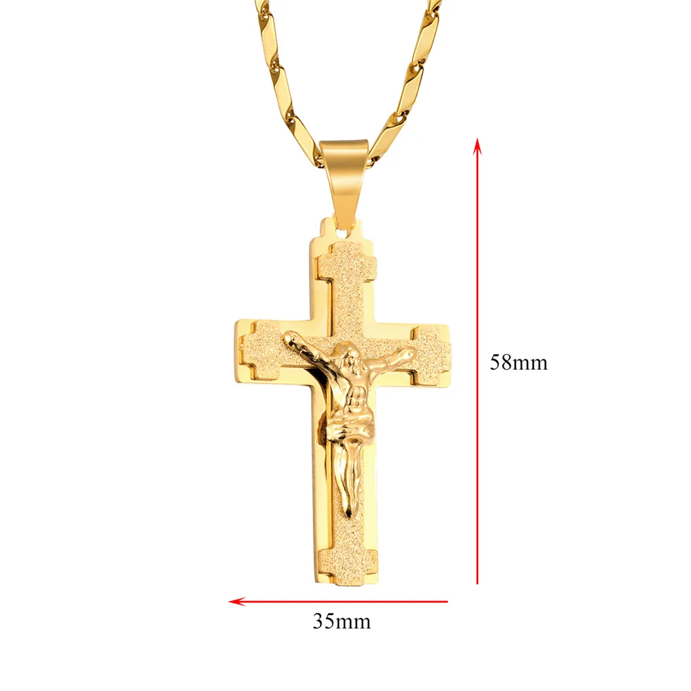 Religious Jesus Cross Pendant Men Gold Color Stainless Steel Christ Crucifix Necklaces Male Christian Jewelry Dropshipping