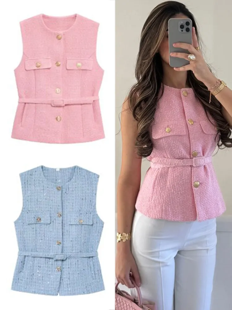 

Женский офисный жилет: элегантный однотонный жилет с поясом, круглым вырезом и металлическими пуговицами, без рукавов