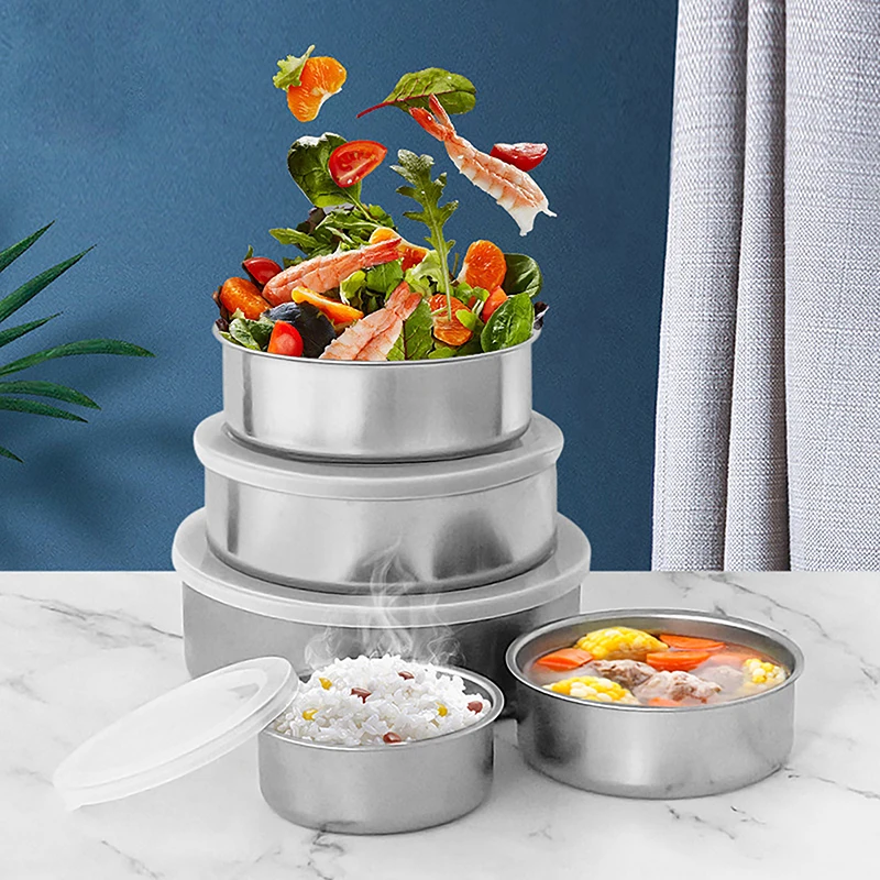 5Pcs Stainless Steel Mixing Bowls With Lid Stackable Cooking Storage Deep Nesting Bowl Silver Food Container Kitchen Tool