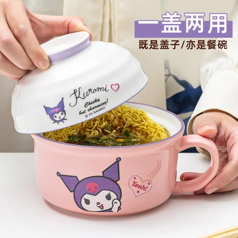 Kawaii Sanrio Hobby Kuromi Cinnamoroll Hello Kitty Cartoon Ceramic Instant Noodle Bowl with Lid Student Instant Noodle Bowl