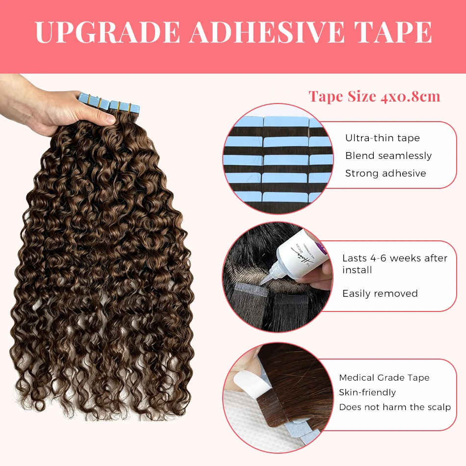Extensions de Cheveux Naturels Ondulés Brun Foncé 2 #, Postiche de Trame de Peau, 2g par Pièce