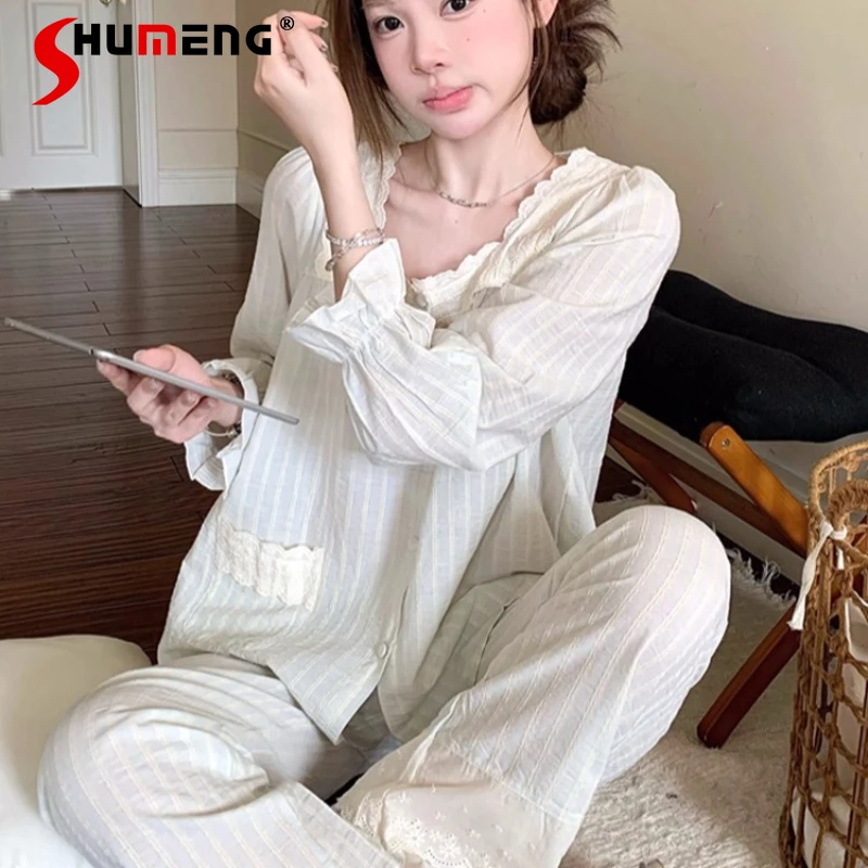 

Cotton Women's Sweet Pajamas Set Autumn Winter Sweet Palace Style Striped Loungewear Female Lace Long Sleeve Homewear Suit