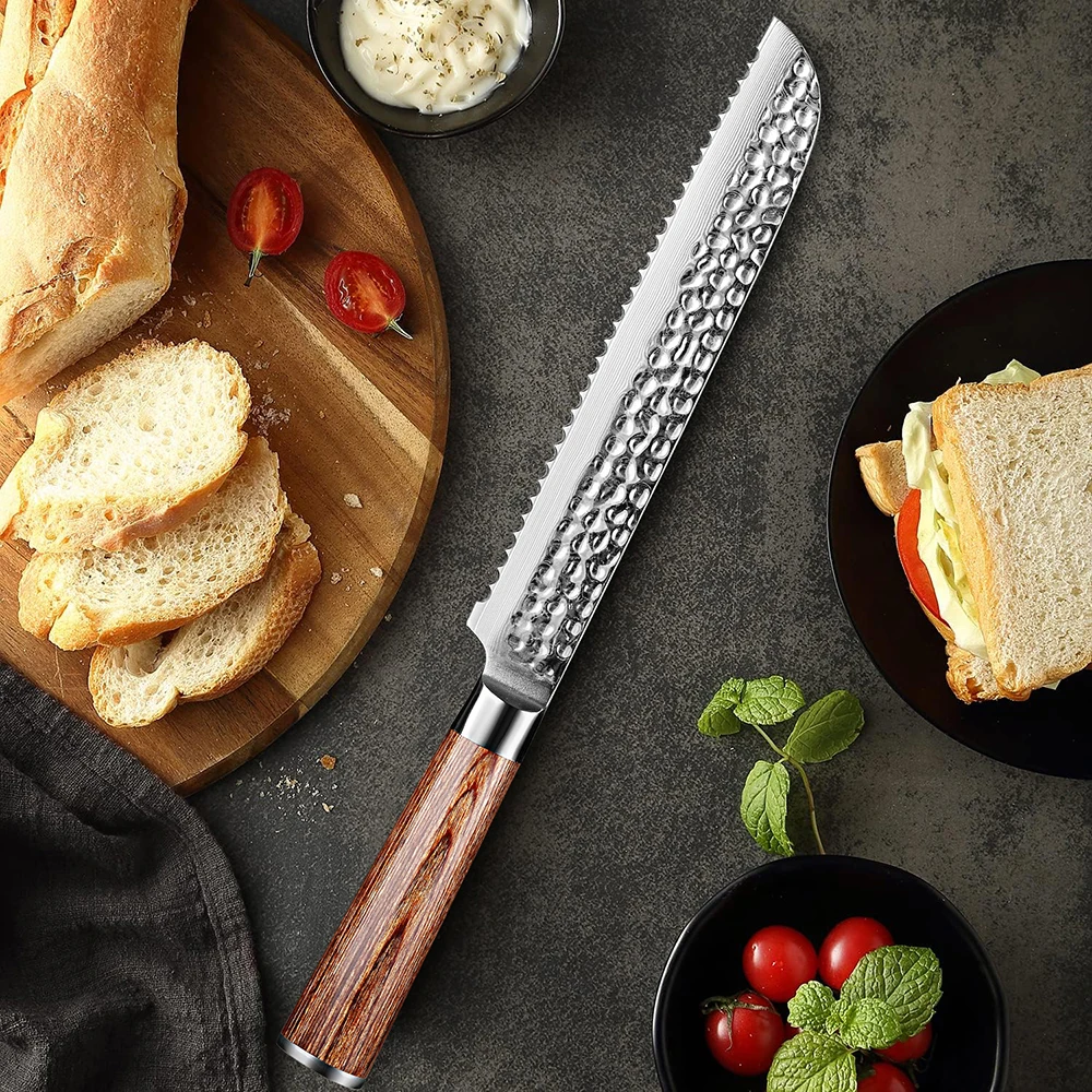 Damascus Forged Steel Bread Knife 8 Inch Pro Grade Bread Slicing Knife Serrated Edge Cake Knife, Bread Cutter for Crusty