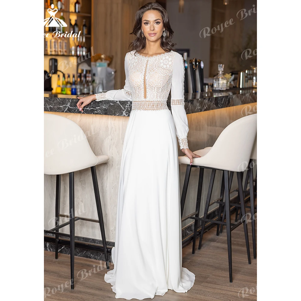 Delicate Boho Long Sleeve O-Neck Wedding Dress Cut-Out Open Back A-Line Sweep Train Bride Dress Vestido Femininos Customized
