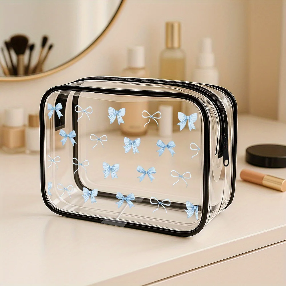 

Transparent Toiletry Pouch Featuring a Charming Blue Bow Design - Compact Makeup Bag for Ladies, Ideal for Travel And Gifting.