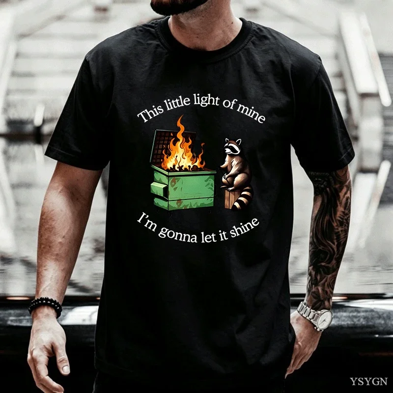 Funny Dumpster Fire Raccoon Tshirt Mental Health Tee Shirt Casual Cotton Short Sleeve T-shirt Streetwear Loose Men's Clothes