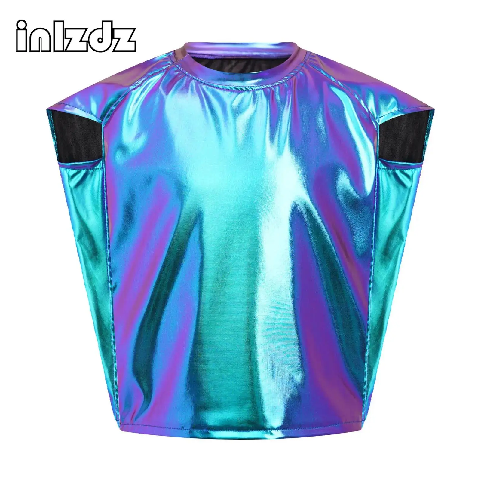 

Unisex Kids Girls Boys Jazz Dance Top Cap Sleeve Round Neck Metallic T-Shirt hip-hop Cheerleading Party Stage Performance Wear