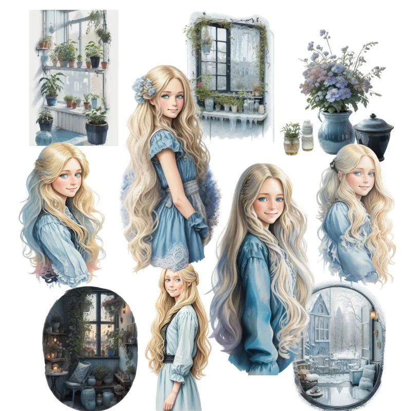 Hand-painted Light Blue Winter Window Sill Scenery Girl Stickers DIY Scrapbook Diary  Project Decoration  Vintage  journal