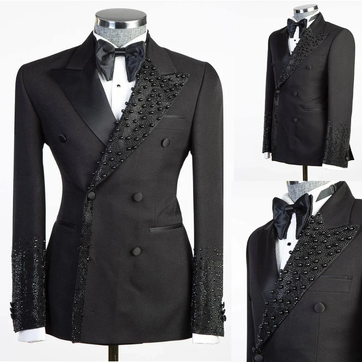 Luxury Men's Suits Tailored 2 Pieces Blazer Pants Beads Double Breasted Peaked Lapel Pockets Party Custom Made Plus Size