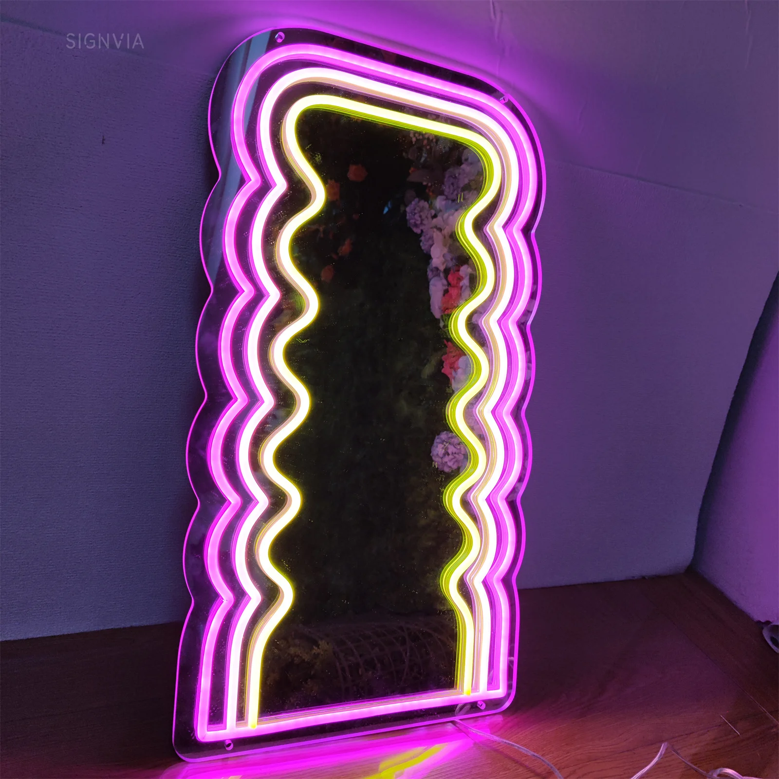 Wavy Mirror LED Neon Sign Home Room Decor Neon Lights Bedroom Party Aesthetic Decoration Art Wall Hanging Neon Signs LED Lights