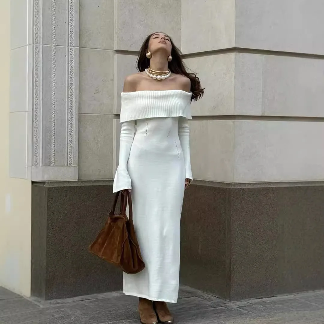 

Sexy Knit Off Shoulder Maxi Fall Elegant Dress Solid Ruffle Neck Flare Sleeve White Long Dress For Women Vacation Chic 2024