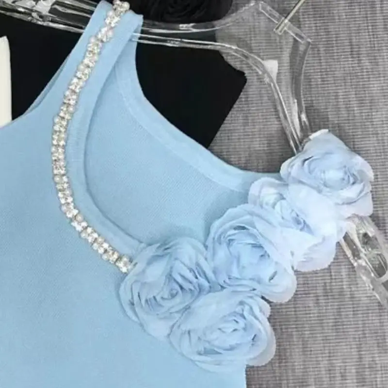여성 니트 탱크탑, 민소매 조끼, 캐미솔 크롭탑, 스파클 다이아몬드 꽃 스티치, 2024 여름 신상