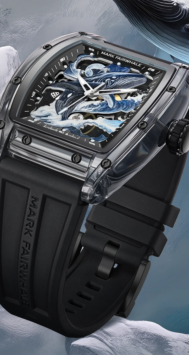 Mark Fairwhale Men Automatic Watch 46mm Transparent Acrylic Tonneau Case Mechanical Wristwatch 3ATM Waterproof Luminous