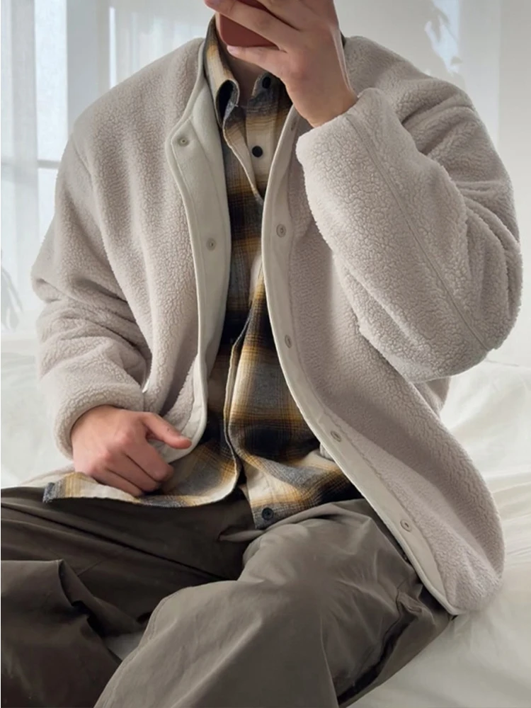 

Corduroy Fce Lined Button up Cardigan for Men Warm Lamb Fur Inner Casual Sle Long Sve Zipper Closure Youth Faion