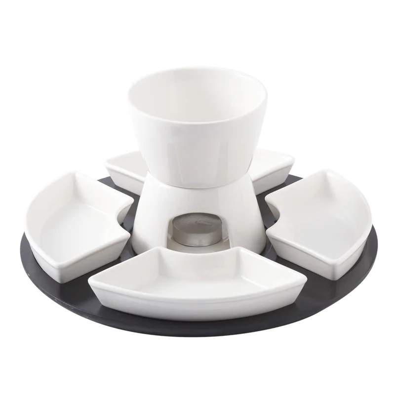 White Glazed Ceramic Chocolate Fondue Pot Set, Chocolate Fondue or Cheese Fondue Set