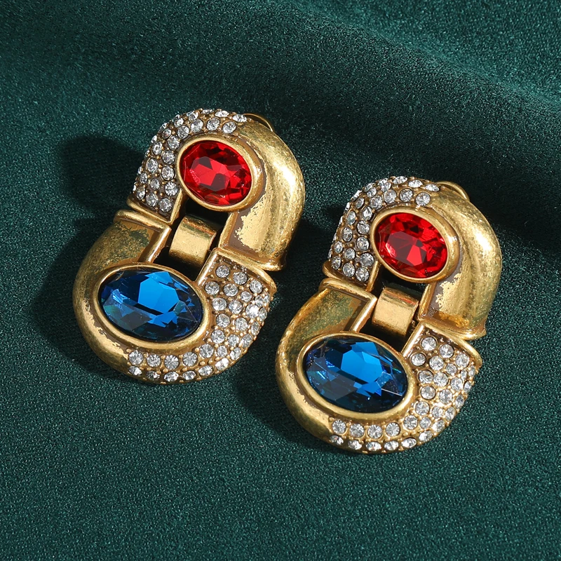

Vintage Red Blue Crystal Earring Glass Lock Gold Color Rhinestone Luxury Jewelry For Woman Quality Designer Gifts Party 2025