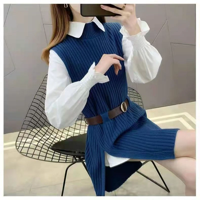 Outono inverno nova moda turn-down colarinho manga longa blusas sólidas roupas femininas conjunto de duas peças colete de tricô coreano topos