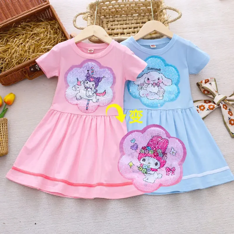 

Sanrio Hello Kitty Children's Clothing Summer Girls Short Sleeve Dress Girl Color Change Sequins Princess Skirt Kuromi Cartoon