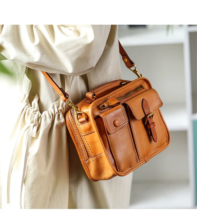 Modische Vintage-Handtasche aus natürlichem Echtleder für Damen, kleine Multi-Taschen-Organizer-Handtasche, Designer-Luxus-Schultertasche aus echtem Rindsleder – Detail 3