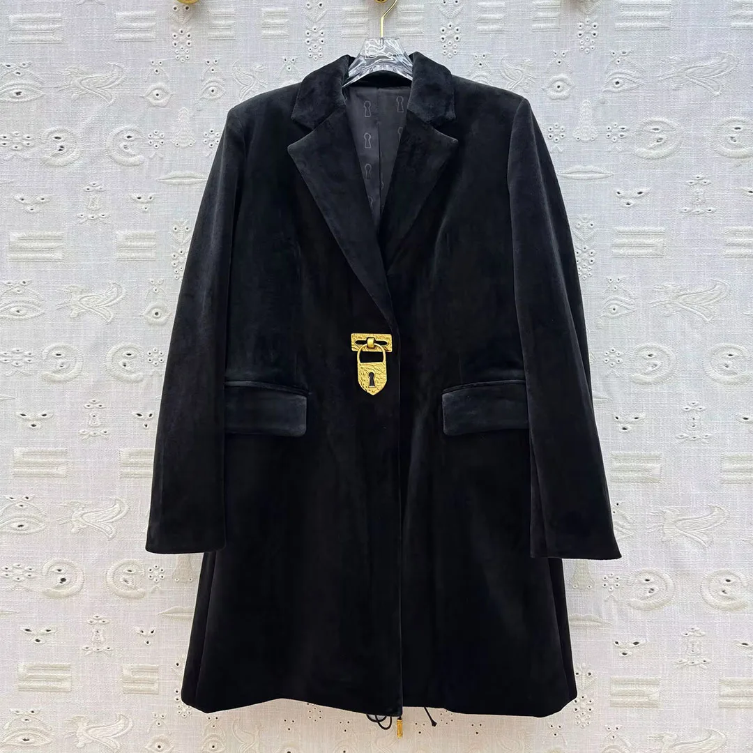

New Fall Winter Thick Black Velvet Long Blazer Jacket Women Notched Long Sleeve Gold Key Button Cross Lace-up Chic Coat Suit