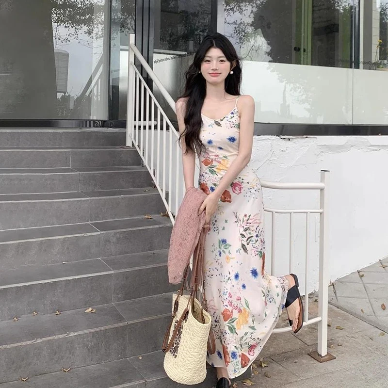 Summer Strap Dress For Women Beach Style Sweet Flowers Sleeveless Long Dress