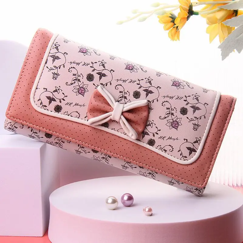 محفظة لوليتا اليابانية للسيدات كاجوال طويلة ذات سعة كبيرة بفيونكة ثلاثية الطي حقائب بطاقات حلوة لطيفة للفتيات