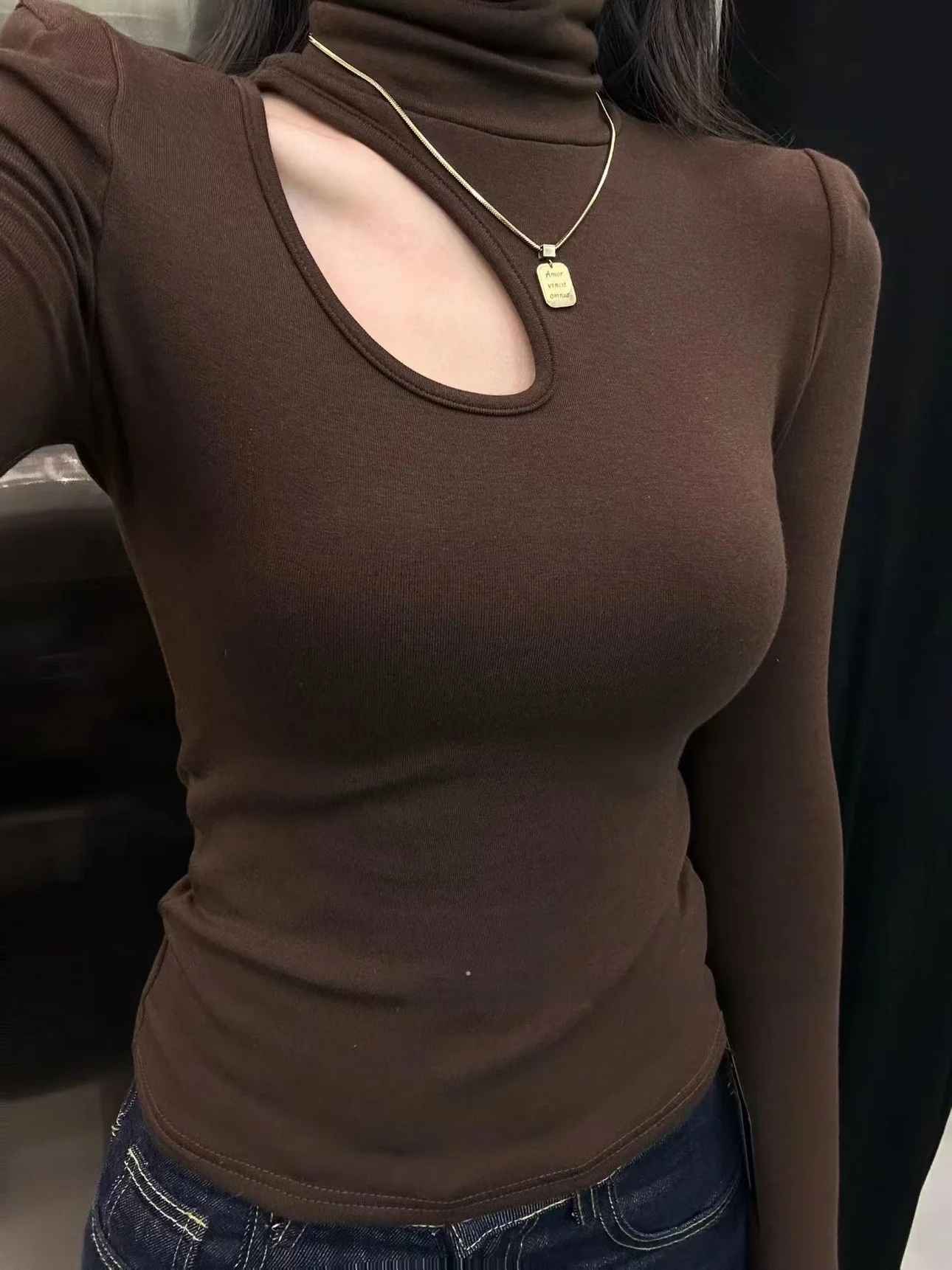 

Warm Fce Lined High Collar Hollow out Design Slim Fit oulder Pad Women's T-irt Korean Sle Commute Cotton Long Sve