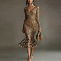Vestido Midi Bodycon con Estampado de Leopardo para Mujer, Cintura Alta, Malla Transparente, Volantes, Corte Sirena, Elegante Vestido de Noche para Cóctel