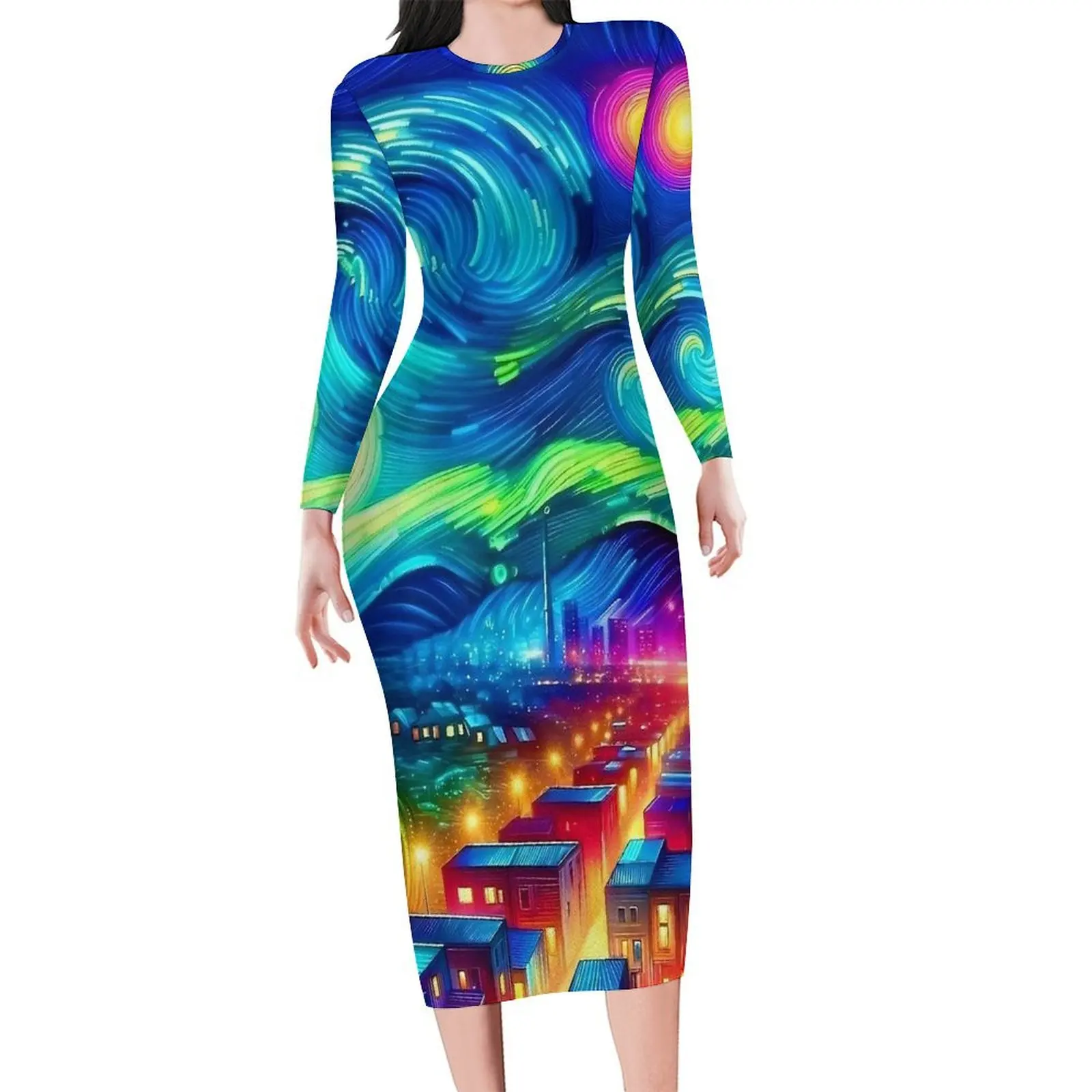 Colorful Starry Night Print Dress Long Sleeve  Aesthetic Dresses Spring Sexy Bodycon Dress Women Custom Oversized Vestido