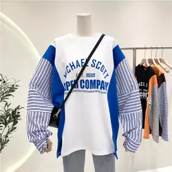 Moletons femininos emendados listrados com tudo a combinar, pulôveres com gola redonda, tops estampados com letra, roupas femininas, moda coreana da moda