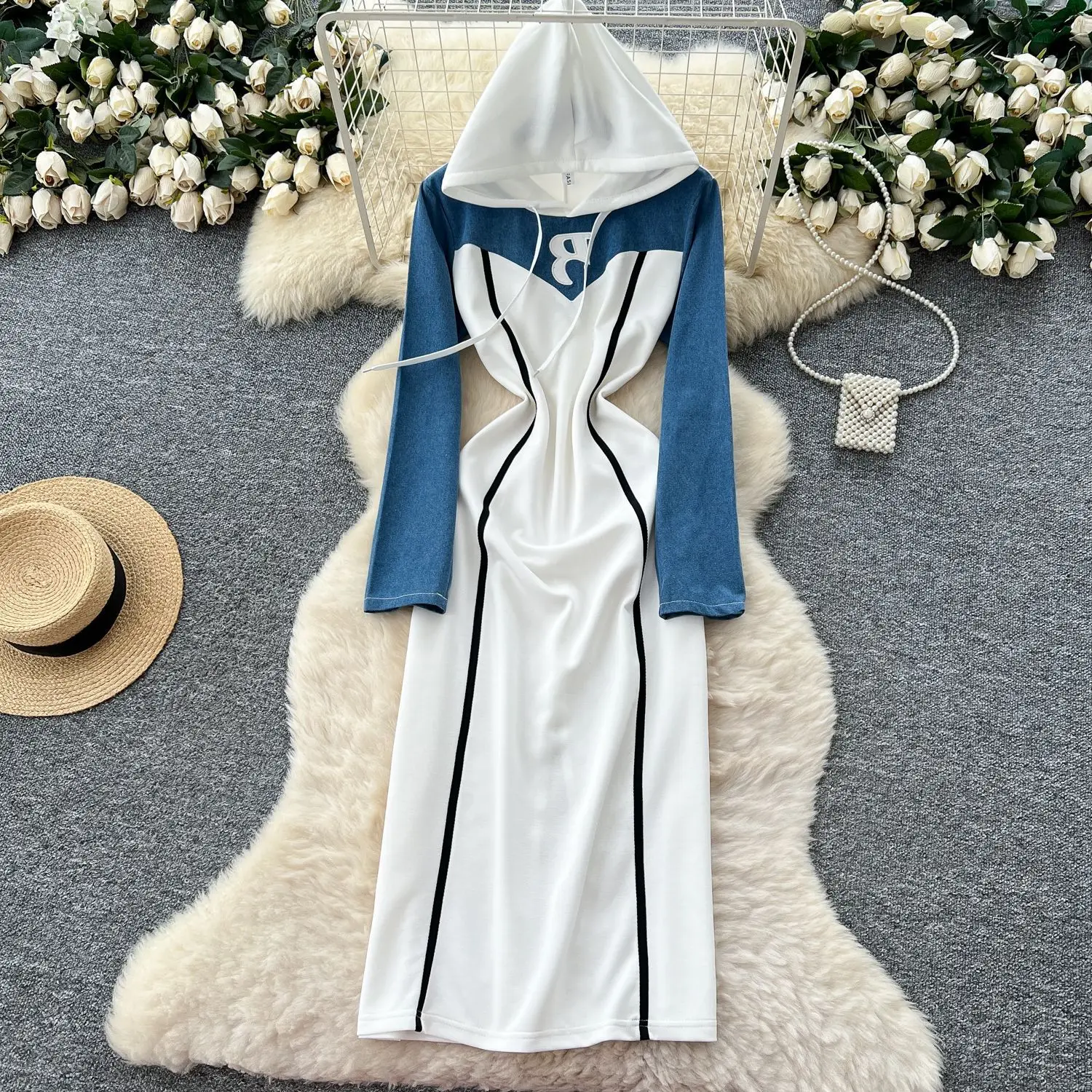 

Long Dress Women Hooded Dresses High Waist Vestidos Streetwear Elegant Splice Y2k Full Sleeve Casual Work Denim Autumn 2025