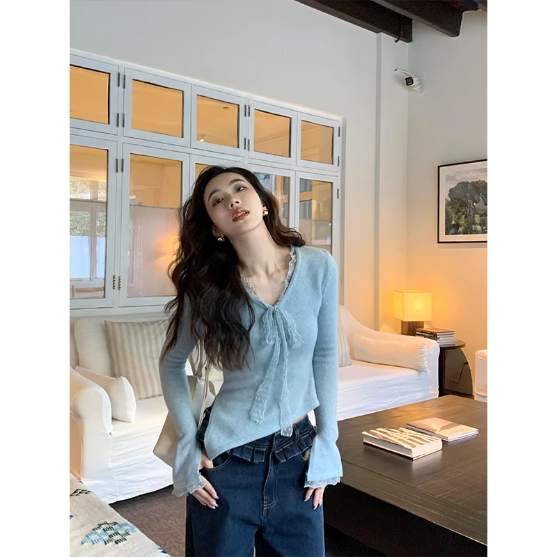 

Sweet Sle Blue Lace Splice Long Sve Knitted Top Women's Spring Design Sense Slit Slim Fit Base irt Upper Body