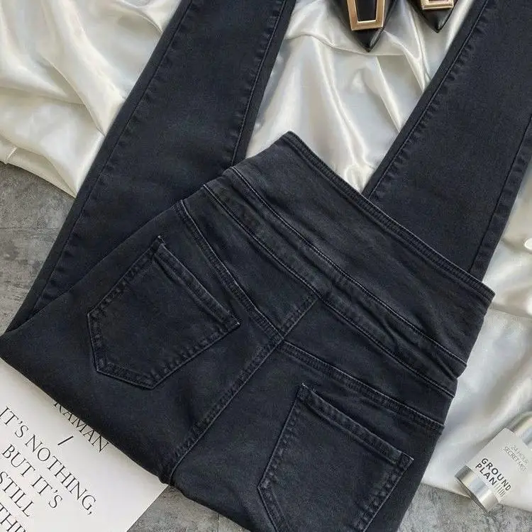 

Джинсы женские деним, больших размеров, с высокой талией, облегающие, эластичные, длиной 7/8, однотонные, весна-осень, модель «карандаш»