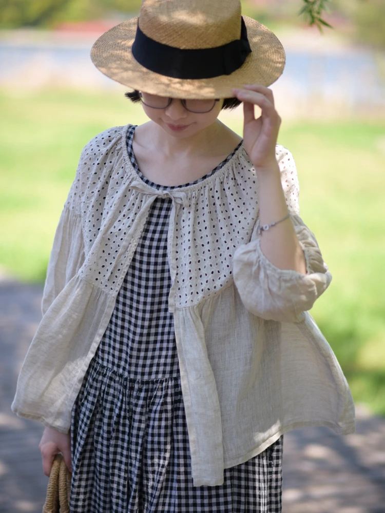 

Weiyang Forest японский с вышивкой в стиле пэчворк, льняной открытый кардиган без пуговиц f Sve, внешняя обувь 96366