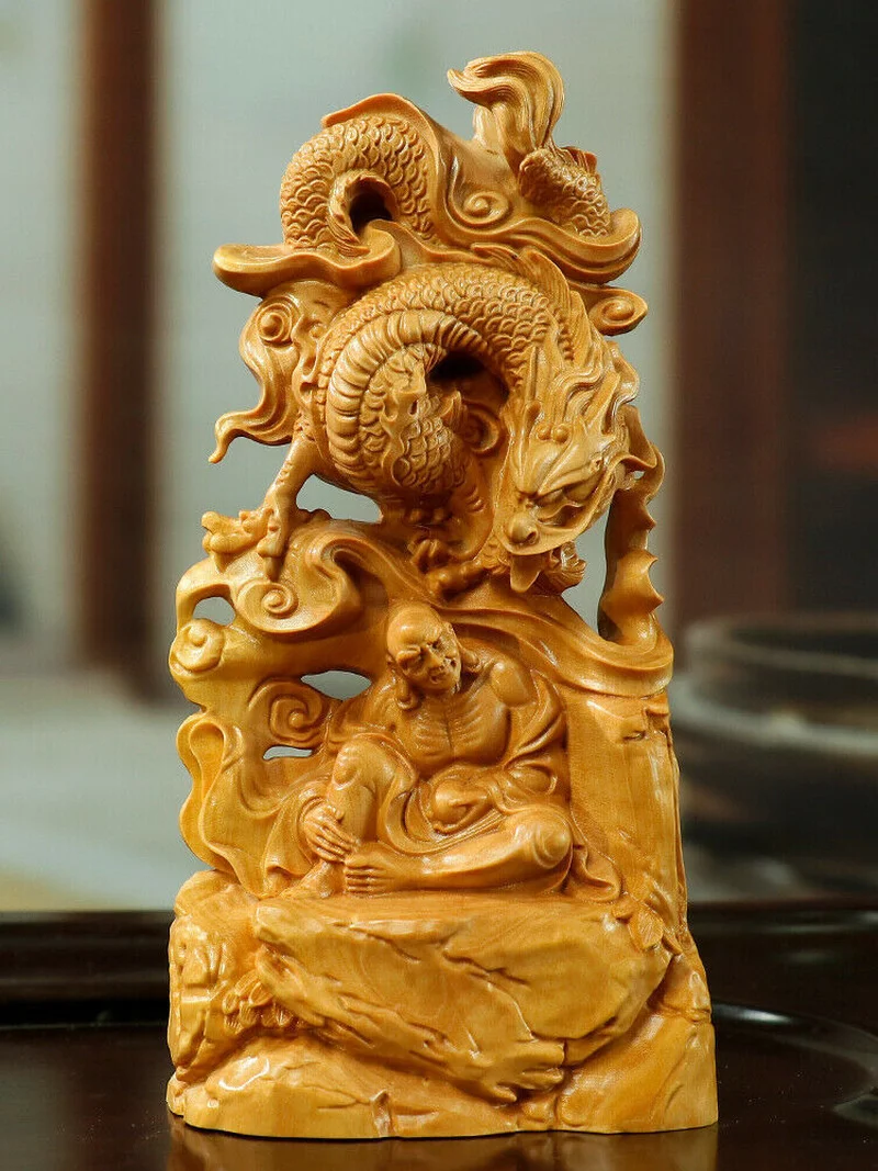 

5.9 Inch Carved Boxwood Carving Figurine - Dragon and Monk Ornament Statue