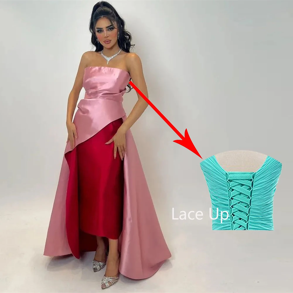 Elegant Pink Strapless Satin Mermaid Formal Occasion Prom Dresses Floor Length Women Evening Party Dresses  فساتين السهرة