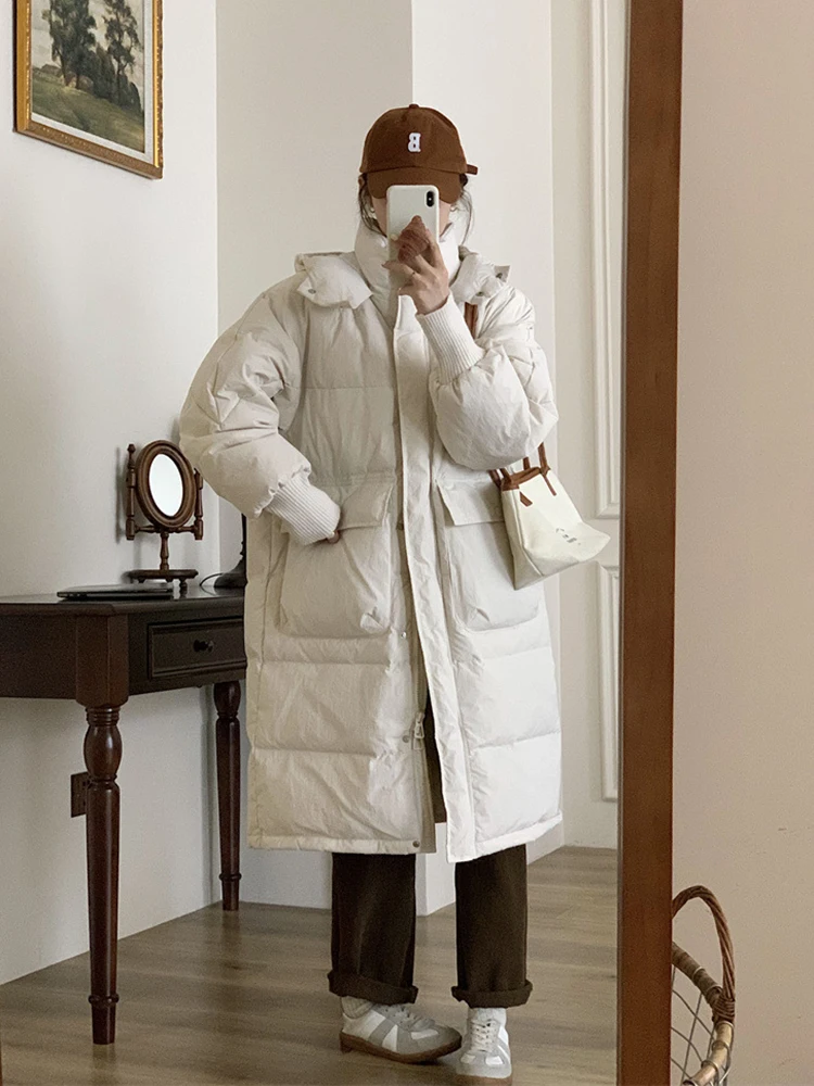 

Winter Hooded Loose Warm Long Down Jacket Female Big Pocket Thick Parker Outwears Women White Duck Down Knee Length Down Jackets