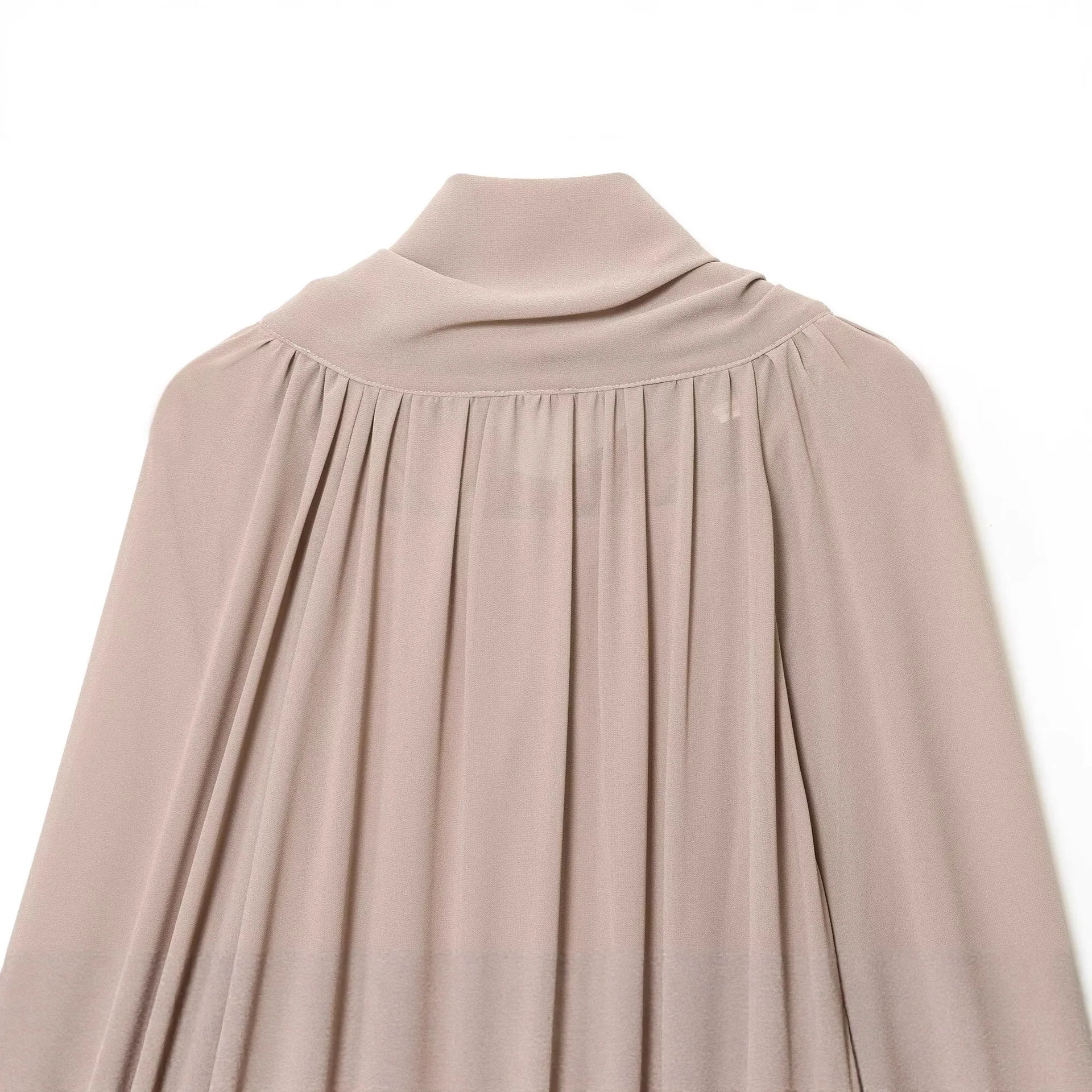 Herbst Frühling Damenmode Elegantes Büro-Bowknot-Kleid Lockerer Alltag Beige Chiffon-Hemdrock mit Rüschensaum
