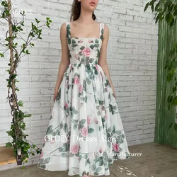 OLOEY Modern Style Floral Prom Dress Square Collar Tea-length Cap Strap Draped Evening Dress Summer Dress Wedding Party Dress