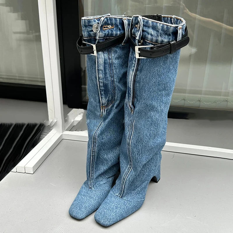 Vintage jeansowe kwadratowe noski masywne pięty klamry detal spodnie styl buty do kolan szycie modne dziewczęce Retro damskie buty