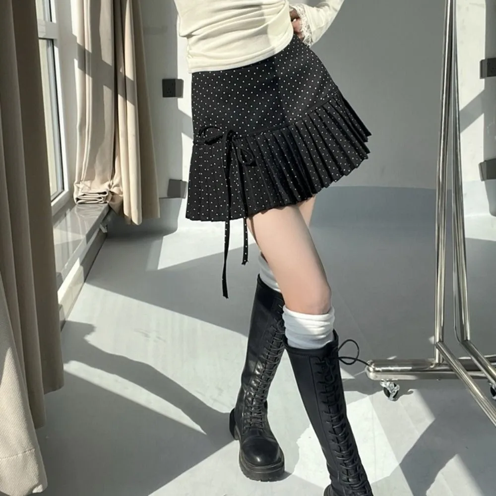 여성용 스윗 스위트 플리츠 스커트, 프레피 스타일 보우 노트 도트 미니 스커트 (안전 팬츠 포함), 하이 웨이스트 A라인 숏 스커트, 파티용