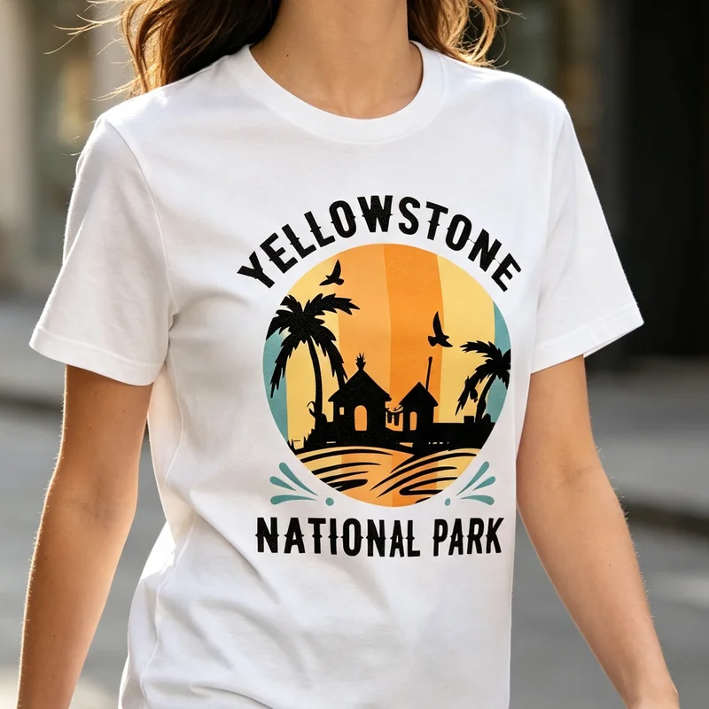 Yellowstone National Park Vintage  T Shirt Sunset Cabin Palm Tree Retro Travel Print Tee Cotton Short Sleeve Streetwear Unisex