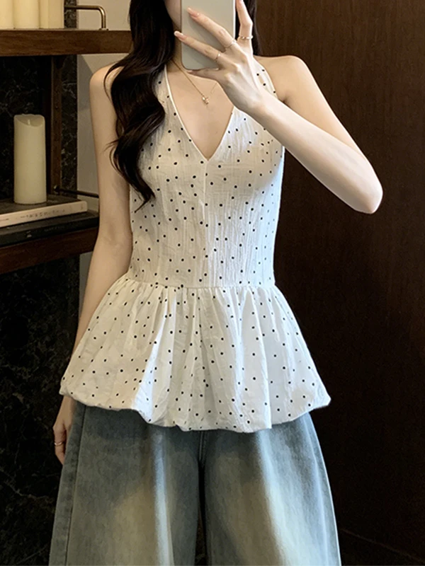 

Summer 2026 Women's Pure Desire Backless Polka Dot Halter Top Slim Fit Sleeveless Shirt Korean Style Commute Fashion