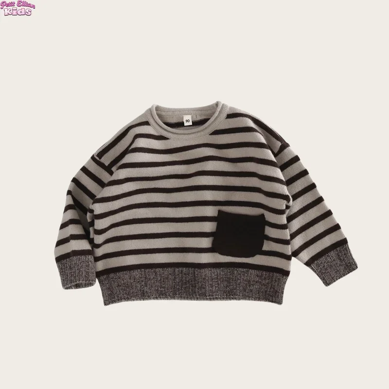 

Toddler Kids Sweater for Girl 1-6Y Children's Clothing Boys Cotton Knitted Striped Sweater Round Neck Pocket Detail Casual Wear