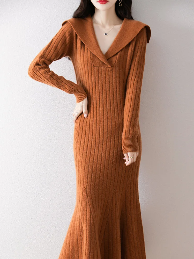 

Длинное платье, женский пуловер из 100% мериносовой шерсти, свитер с матросским воротником, юбка «рыбий хвост», простое кашемировое платье, осень-зима, универсальное