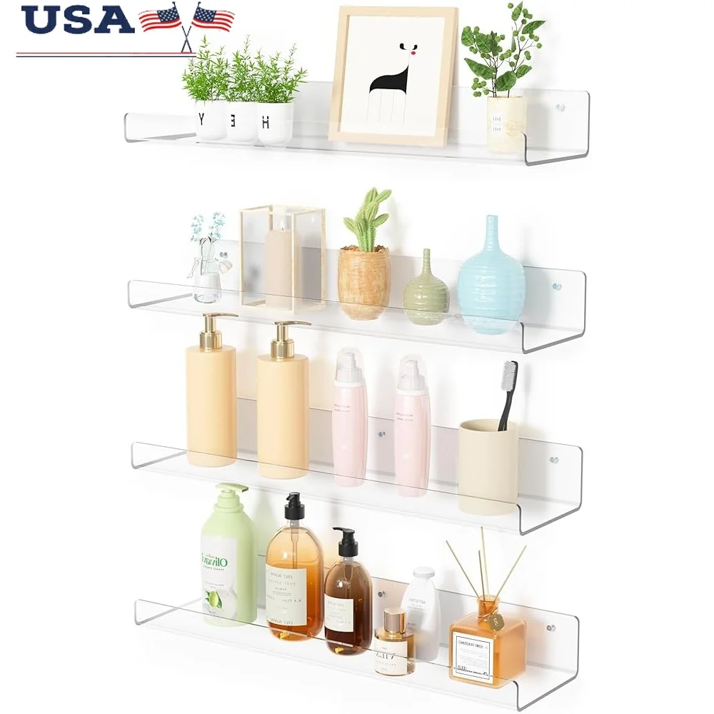

4 Pack Durable Acrylic Floating Shelves Wall Storage Bathroom Office Bedroom Living Room Kitchen Organizer Display