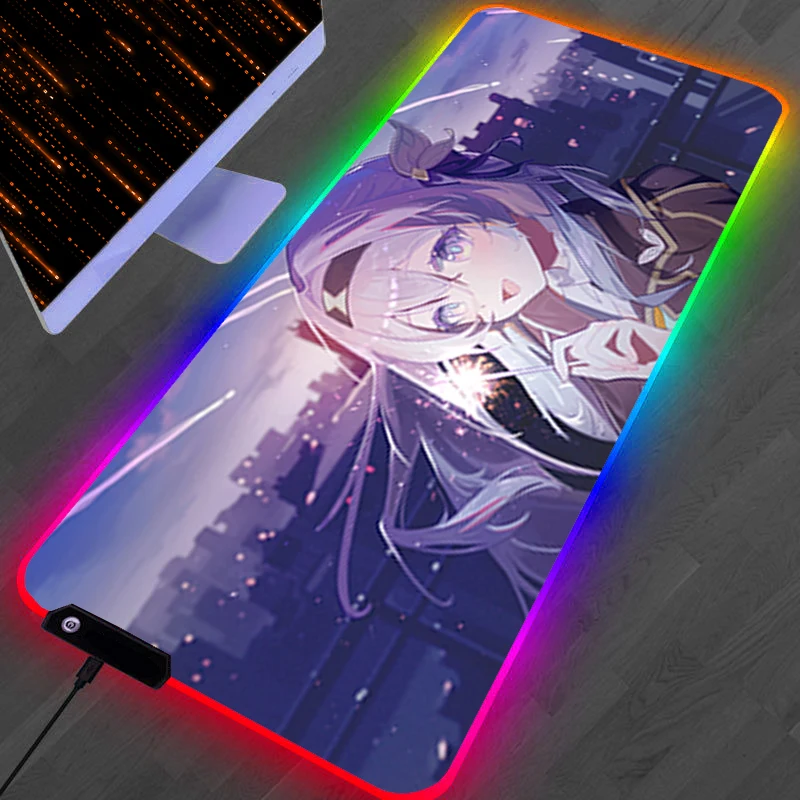 

RGB светодиодный коврик для мыши, аксессуары для ПК, коврик для мыши, нескользящий удлиненный коврик H-honkai Star Rail, резиновый коврик для клавиатуры Firefly, игровой настольный коврик