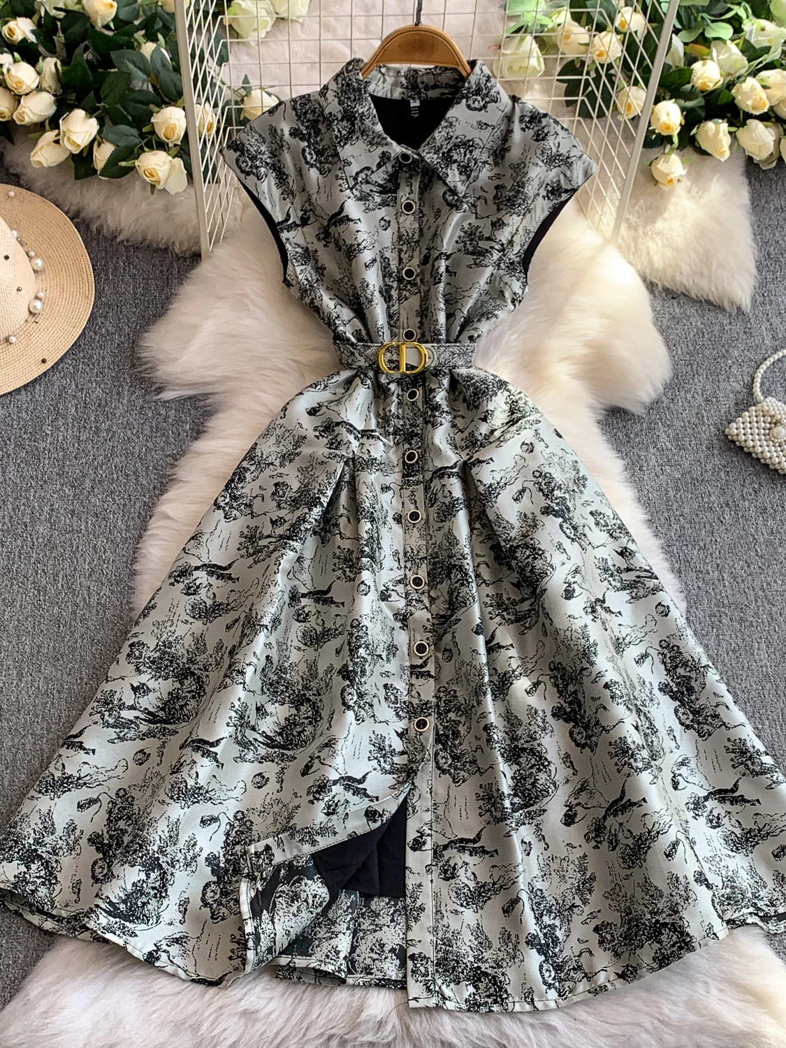 Ele Satin besticktes Svel Damen Dr. Schlankmachendes A-Linien-Kleid mit einem Knopf und hoher Taille für die Herbstsaison