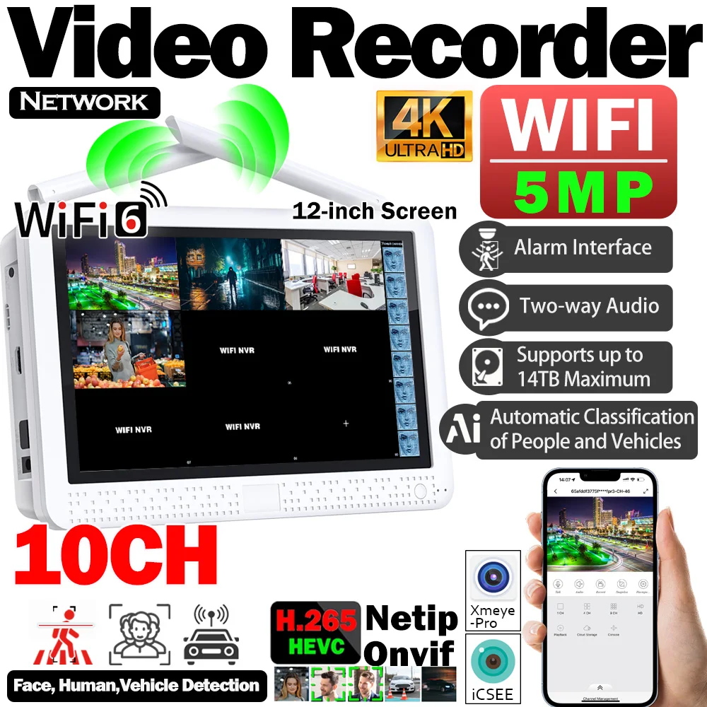 10-Channel WiFi NVR with Pre-installed HDD Supports 5MP/4K ONVIF