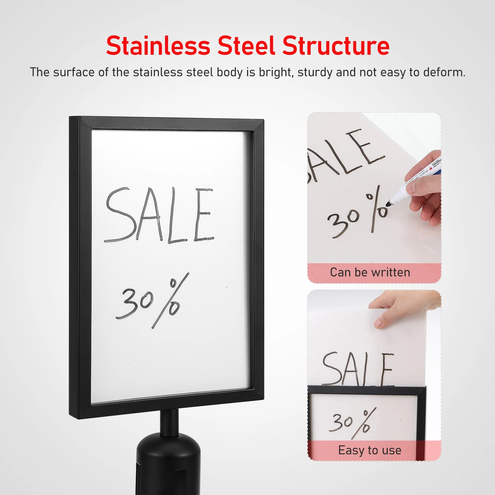 Isolation Column Card Insert Easel Stand A4 Black Vertical Size Stainless Steel Crowd Control Queue Barrier Stanchion Sign